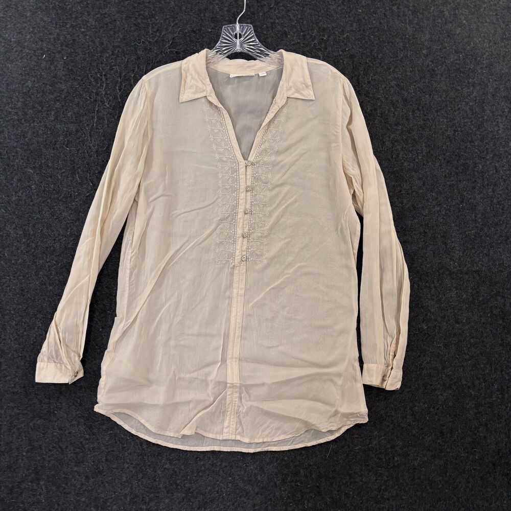 J Jill Tunic Blouse Women's Small Beige Embroidered Sheer Collared Long Sleeve